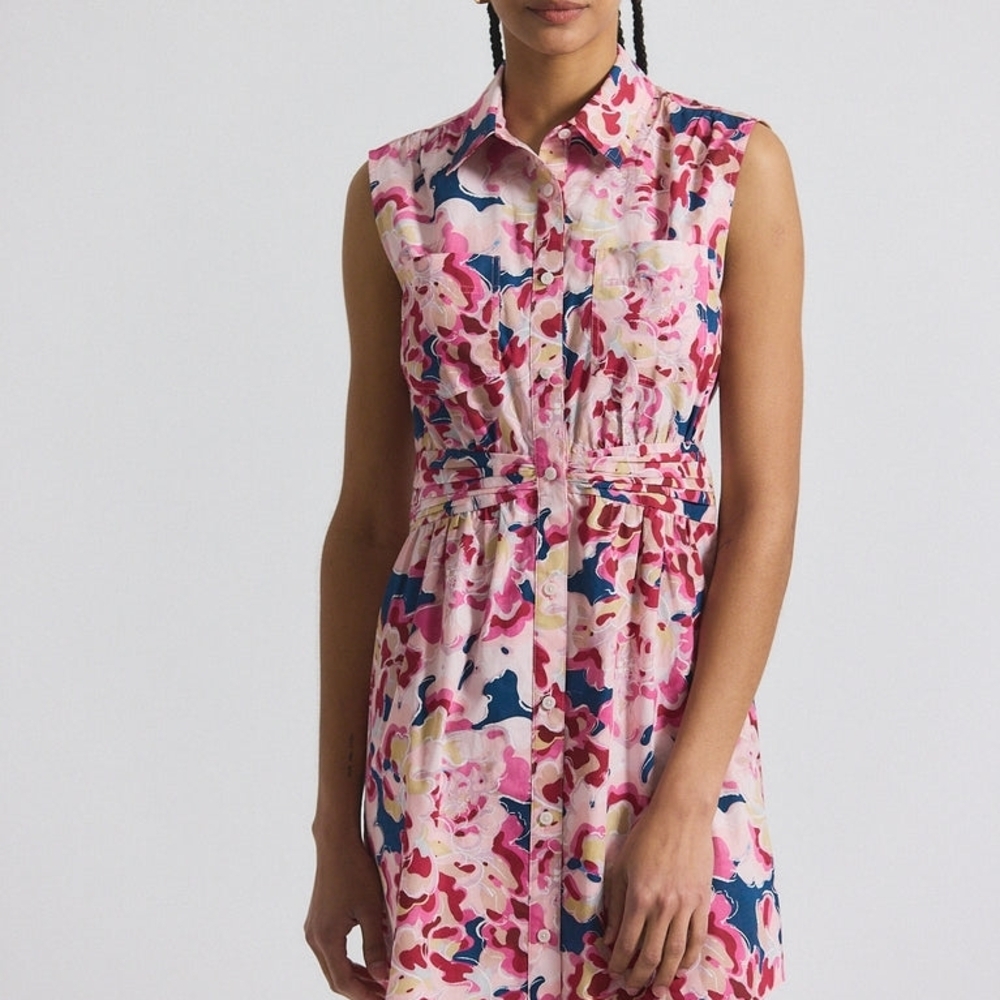 New 10 Crosby Derek Lam Cora Shirt Dress Pink Navy Cream Floral Midi Size 0